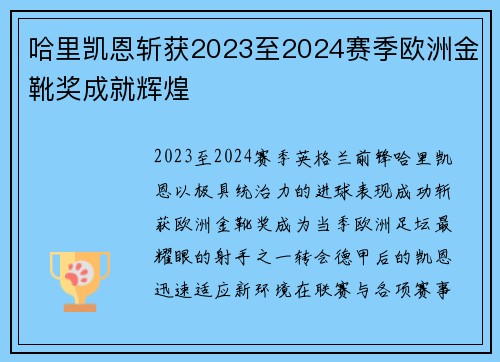 哈里凯恩斩获2023至2024赛季欧洲金靴奖成就辉煌