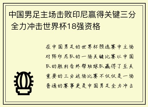 中国男足主场击败印尼赢得关键三分 全力冲击世界杯18强资格