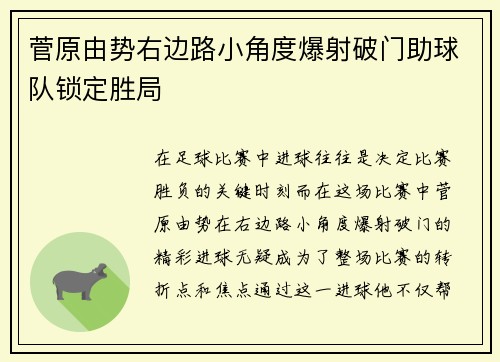 菅原由势右边路小角度爆射破门助球队锁定胜局 菅原由势右边路小角度爆射破门助球队锁定胜局