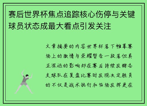 赛后世界杯焦点追踪核心伤停与关键球员状态成最大看点引发关注